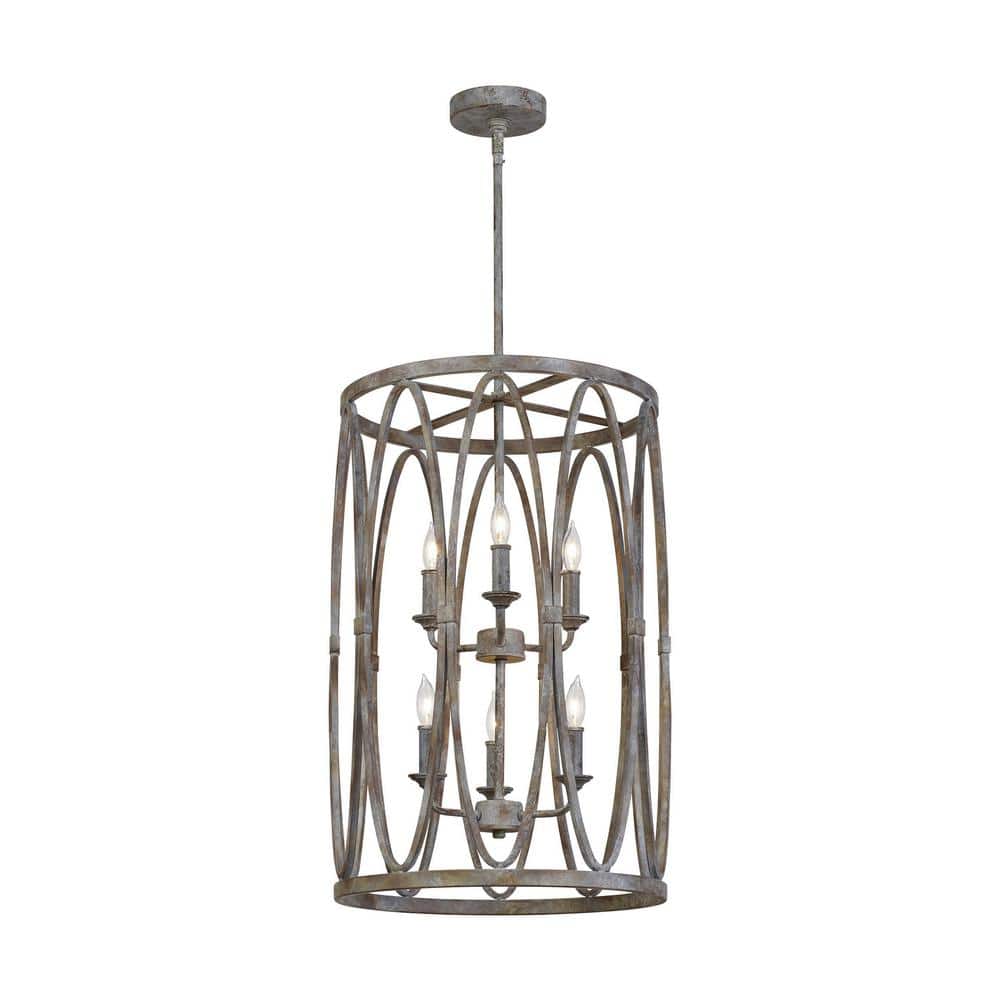 Sutton 6-Light Weathered Gray Rustic Farmhouse Hanging Drum Candlestick Chandelier with Open Oval Cage Shade price history on PriceWatchPro