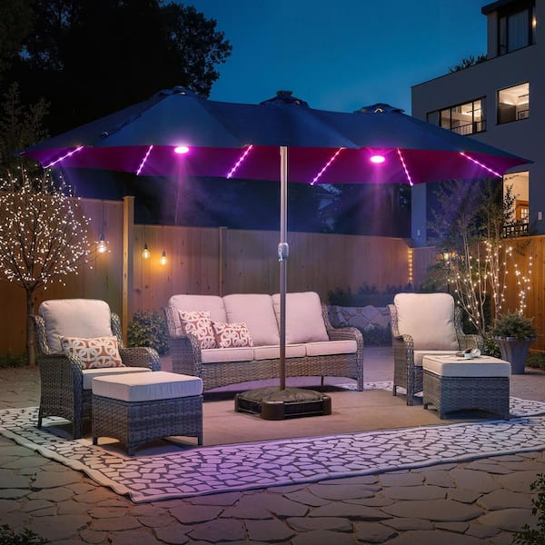 extra large rectangular patio umbrella HOOOWOOO Extra-Large 8.5 x 14.5 ft. Rectangular Patio Umbrella with Colorful Solar Light, Steel Stand and Sand Bags in Dark Blue