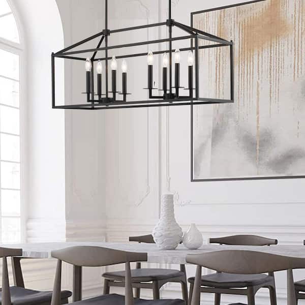 Alfa 35 in. 8-Light Modern Linear Kitchen Island Rectangle Pendant Chandelier with Matte Black finish