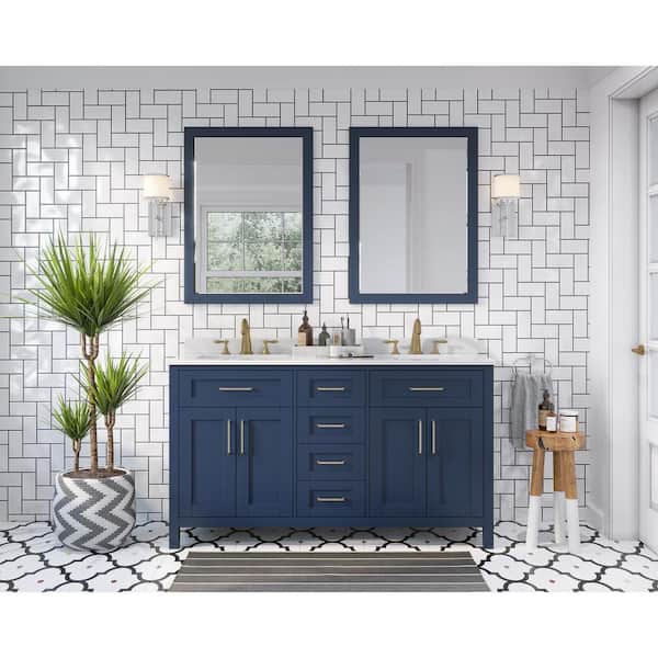 OVE Decors Tahoe 60 in. W x 21 in. D x 34 in. H Double Sink Vanity in Midnight Blue with White Engineered Stone Top, Mirrors & USB