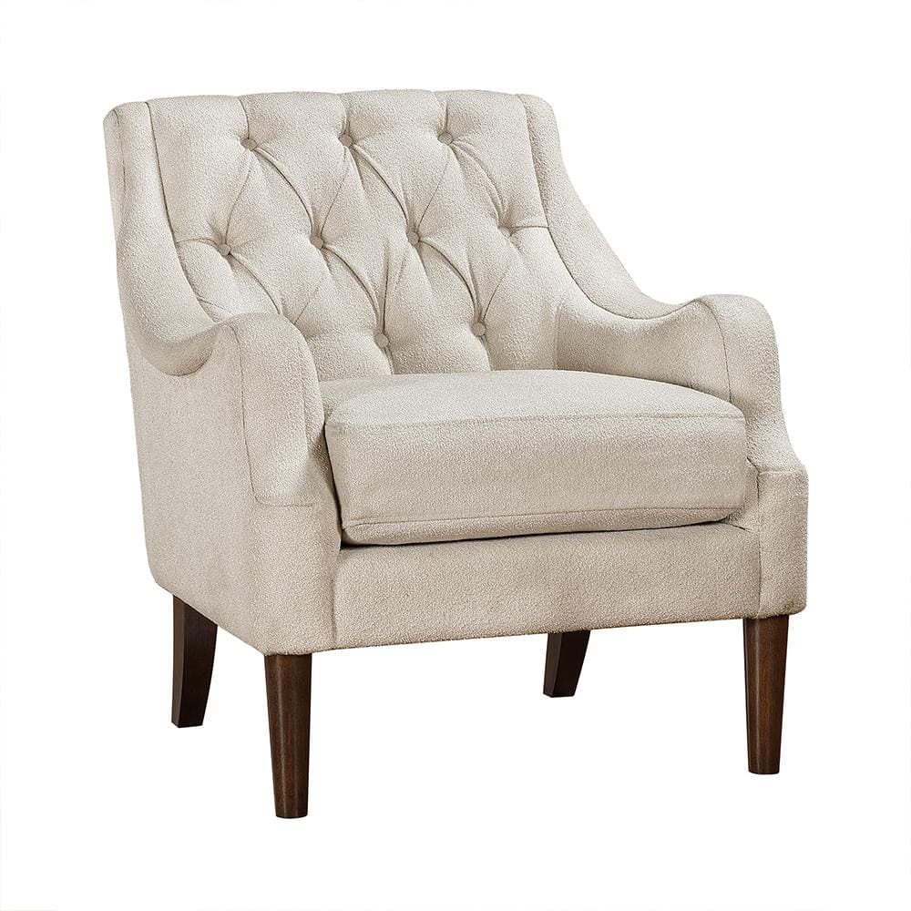 Beige Boucle Fabric Accent Chair with Dark Brown Wood Legs