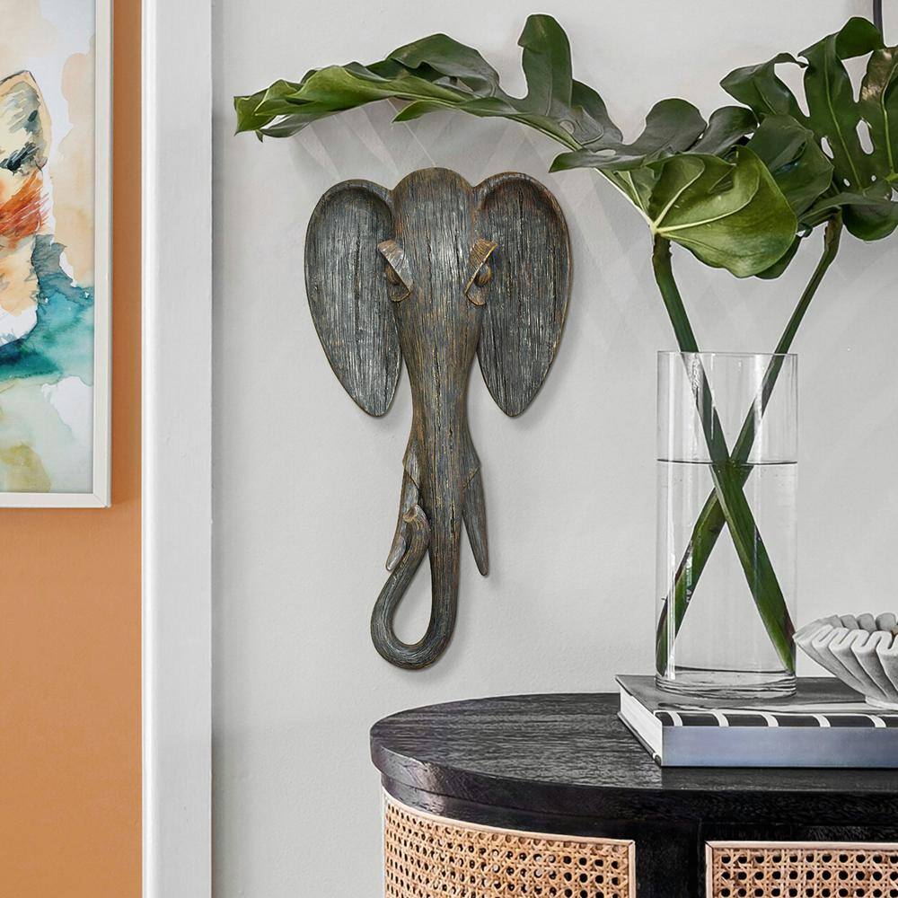 Hand-Painted Resin Elephant Wall Sculpture with Faux Wood Grain