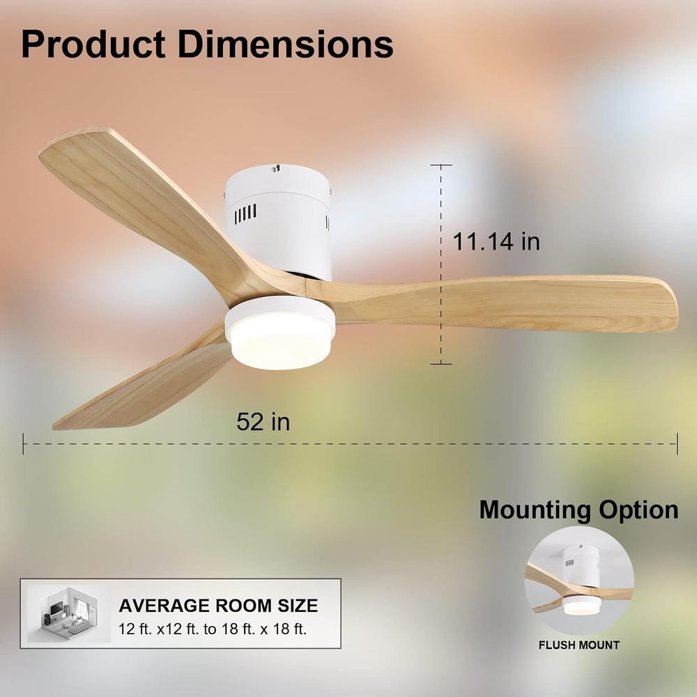 52'' White Modern Ceiling Fan with Light and Wood Blades