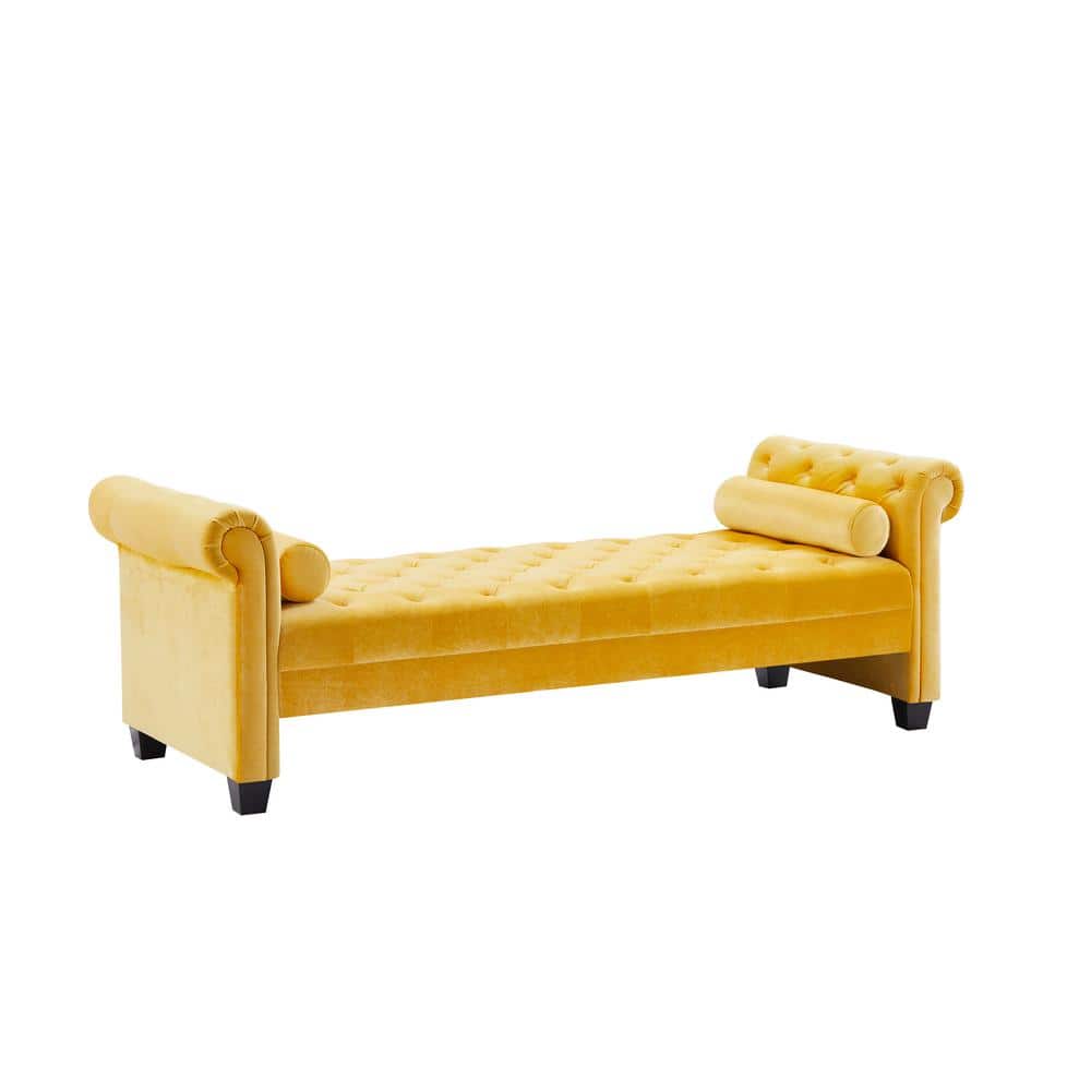 82.3 in. Rectangular Rolled Arm Fabric Upholstered Straight Bench Sofa Stool for Bedroom Living Hallway Yellow