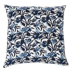 White and Dark Blue Zipper 20 in. x 20 in. Floral Print Throw Pillow Cover
