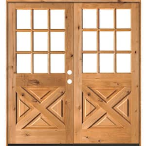 64 in. x 80 in. Knotty Alder 2 Panel Left-Hand/Inswing 1/2 Lite Clear Glass Clear Stain Double Wood Prehung Front Door