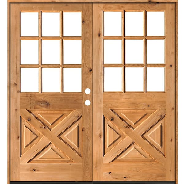 Krosswood Doors 64 in. x 80 in. Knotty Alder 2 Panel Left-Hand/Inswing 1/2 Lite Clear Glass Clear Stain Double Wood Prehung Front Door