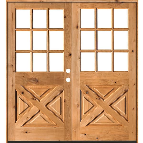 Krosswood Doors 72 in. x 80 in. Knotty Alder 2 Panel Left-Hand/Inswing 1/2 Lite Clear Glass Clear Stain Double Wood Prehung Front Door