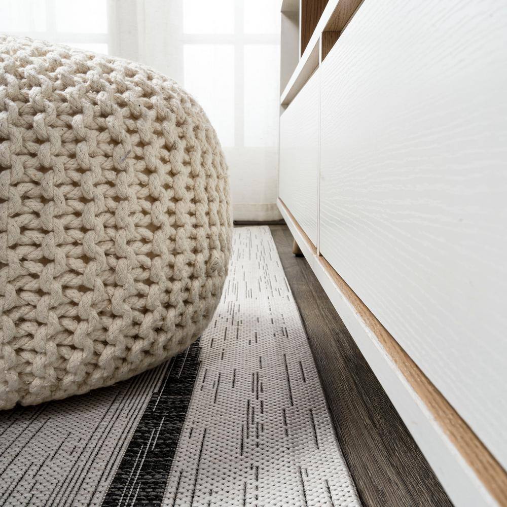 Modern Berber-Inspired Ivory/Black Stripe Synthetic Runner Rug 2x8