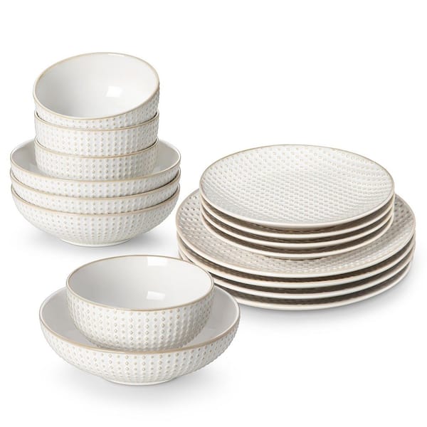 16-Piece White Stoneware Dinnerware Set Service for 4-Bowls and Plates Set Embossed Pattern Dinner Set