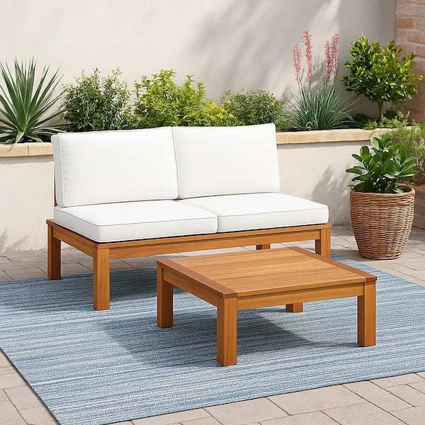 Teamson Home 2 Piece Solid Acacia Frame Outdoor Sectional Sofa Set-Chaise Lounge Convertible with Cushions in Natural Wood Finish