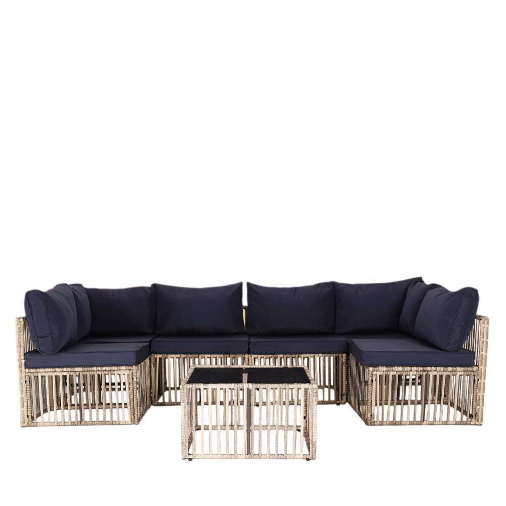 7-Piece Gray PE Rattan Wicker Patio Outdoor Conversation Set with Navy Blue
