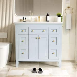 36 in. x 18 in. x 33 in. Bath Vanity Solid Wood Frame Freestanding Storage Cabinet in Blue with White Resin Sink,Drawers