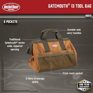 13 in. Gatemouth Tool Bag with Zippered Top and 7 Total Pockets
