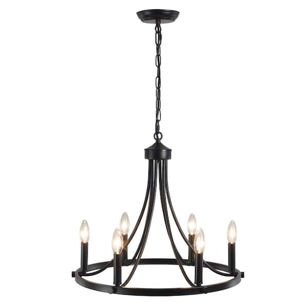6-Light Black Farmhouse Wagon Wheel Chandelier Candle Style Light Fixture