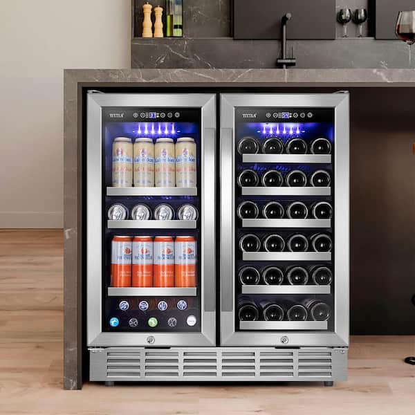 TITTLA 30.31 in. Dual Zone 33-Wine Bottles and 80-Cans Beverage, Wine Cooler in Silver Shutter Shape Front Heat Vent Blue LEDs