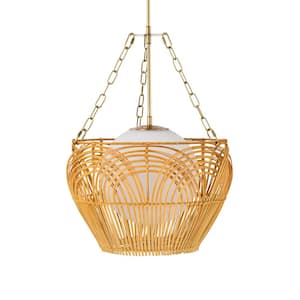 Caddie 15 in. 1-Light Indoor Brass and Woven Rattan Finish Pendant with Light Kit