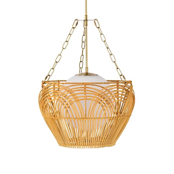 Warehouse of Tiffany Caddie 15 in. 1-Light Indoor Brass and Woven Rattan Finish Pendant with Light Kit