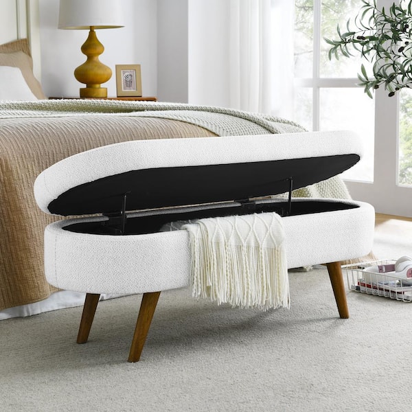 IDEAGLE White 43.5 in. Bedroom Bench Oval Storage Bench Ottoman with Wood Legs for Entryway Living Room