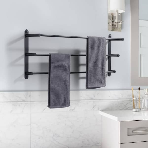 32 in. Matte Black 3-Tier Wall Mounted Towel Rack with Mounting Hardware in Stainless Steel