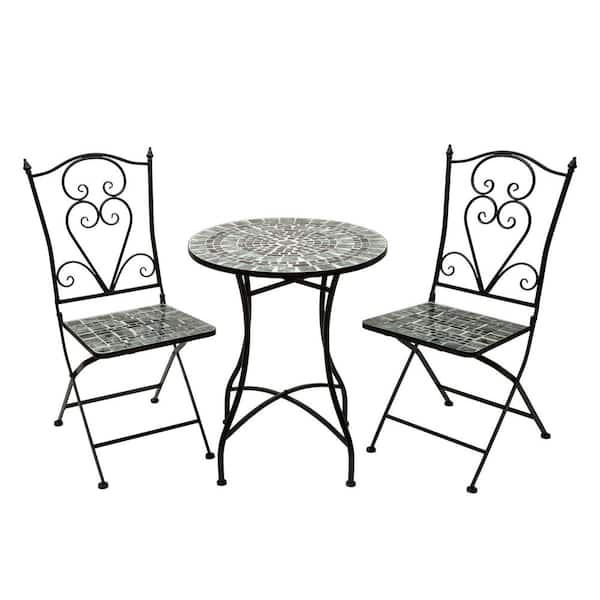 Alpine Corporation 3-Piece Metal Indoor/Outdoor Marbled Glass Mosaic Bistro Set with Folding Table and Chairs, Black/Gray