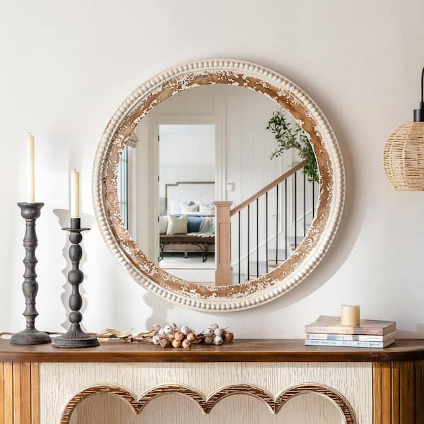 27 in. W x 27 in. H Round Antiqued Wood Finish Framed with White Beaded Wall Mirror