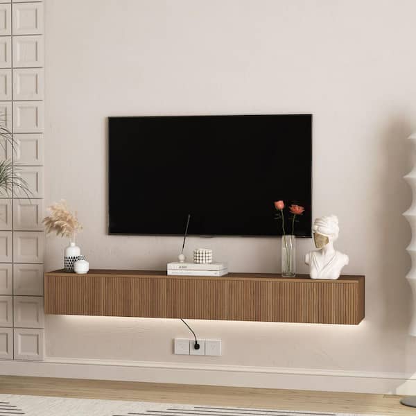 67 in. Brown Floating TV Stand Wall Mount Fits TV's up to 65 in. with LED Lights, Wood Grain MDF Entertainment Center