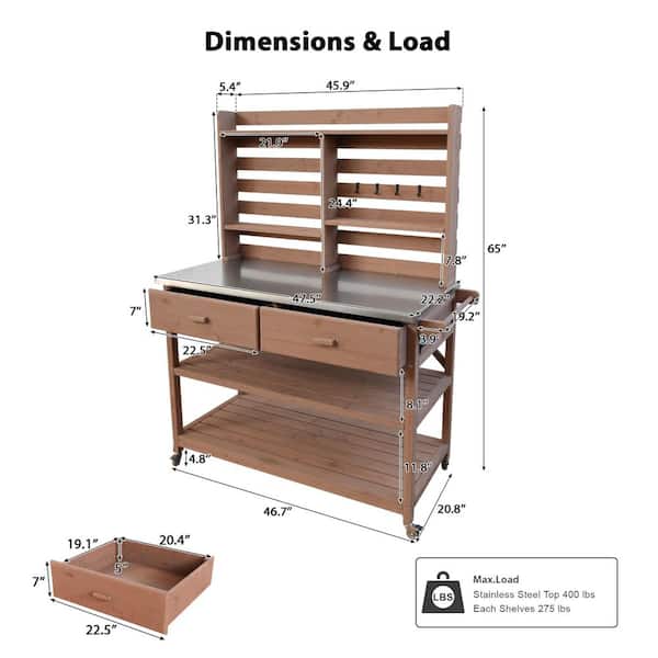 Unbranded - 47.5 in. W x 64.9 in. H Brown Potting Bench with Stainless Steel Top, Lockable Wheels and Drawers (52 in. Pack Length)