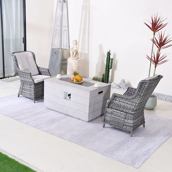 Helmi 3-Piece Gray Wicker Aluminum Outdoor Fire Pit Set with Gray Cushions