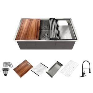 32 in. Undermount Single Bowl Stainless Steel Kitchen Sink with Faucet, Cutting Board, Rolling Drying Rack and Colander