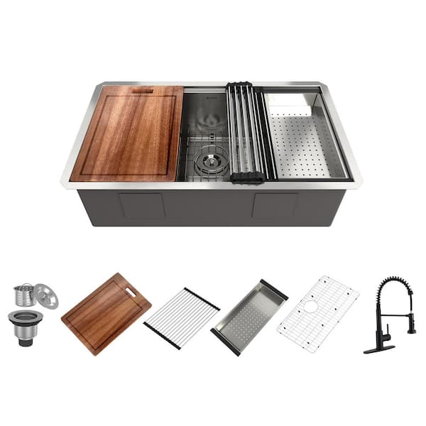 Boyel Living 32 in. Undermount Single Bowl Stainless Steel Kitchen Sink with Faucet, Cutting Board, Rolling Drying Rack and Colander