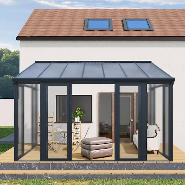 10 ft. x 14 ft. Enclosed Patio Cover with 3 Lockable Sliding Doors, Aluminum Alloy Frame, PE Roof and PC Wall Panel