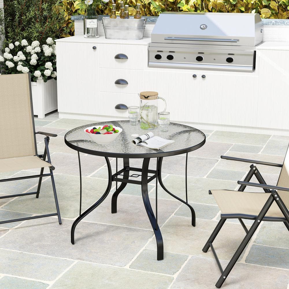 38" Black Round Patio Table with Tempered Glass Top and Umbrella Hole