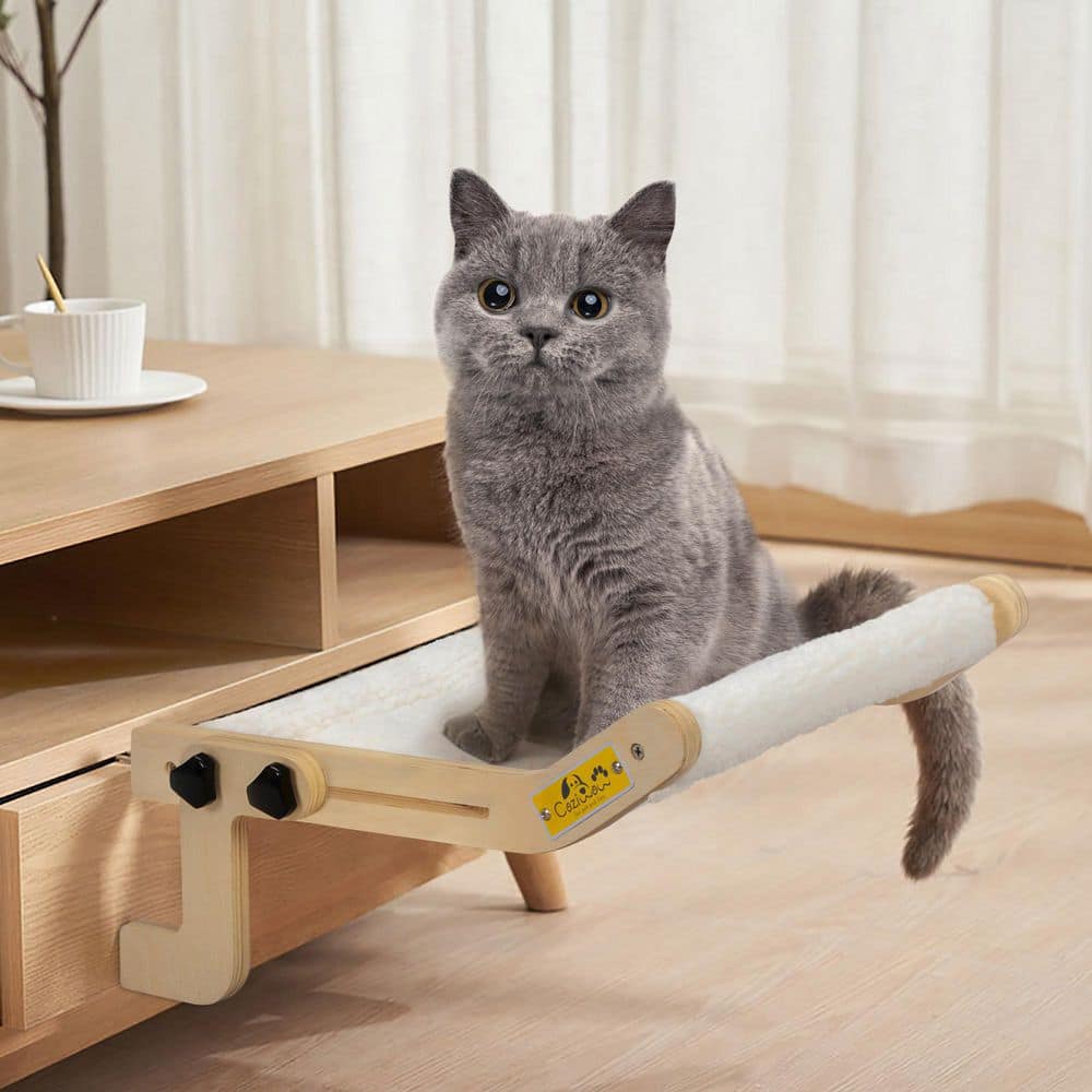 Small White Cashmere Rectangular Cat Hammock with Wooden Frame
