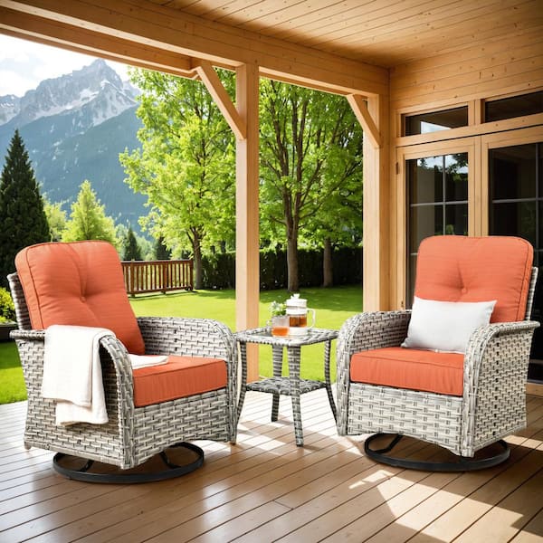 XIZZI Charlotte 3-Piece Wicker Outdoor Rocking Chair with Orange Red Cushions