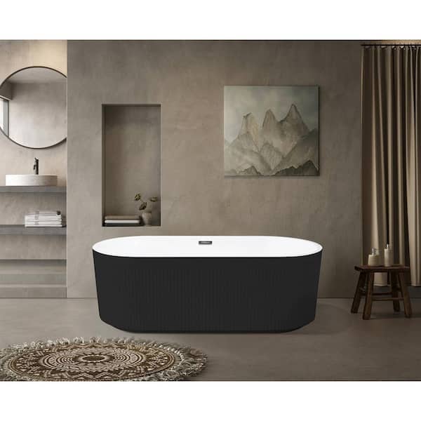Xspracer Moray 59 in. x 30 in. Acrylic Flatbottom Freestanding Soaking Non-Whirlpool Bathtub with Pop-Up Drain in Glossy Black