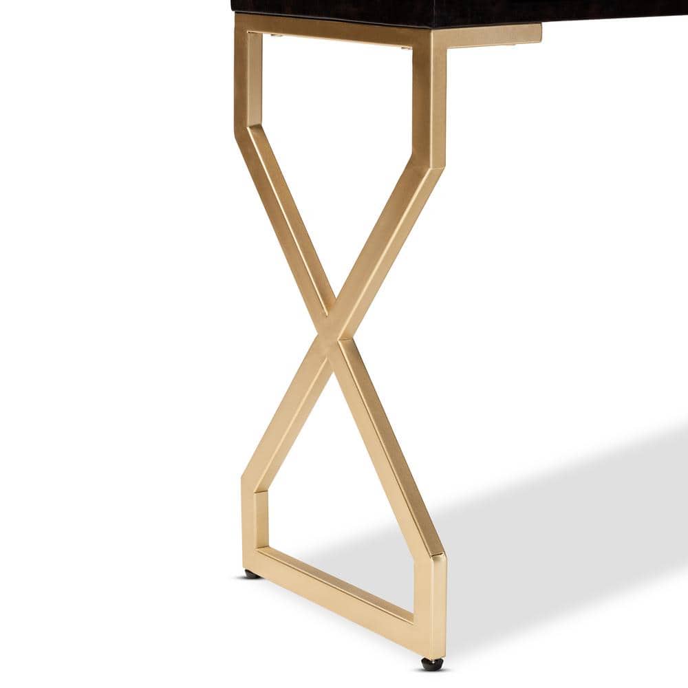 Carville Gold-Finished Metal & Dark Brown Faux Leather Console Table with Glass Top