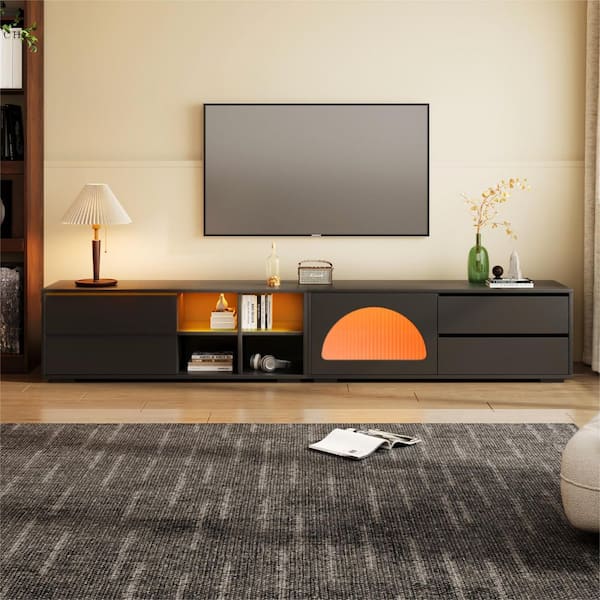 Modern Black TV Stand Fits TV's up to 55 to 100 in. with LED Light, Sliding Door and Drawers