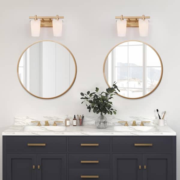 14.2 in. 2-Light Gold Vanity Light with Frosted Glass Shades