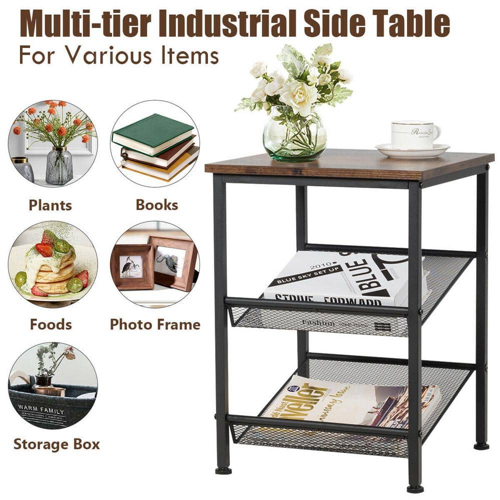 Rustic Brown 3-Tier Wood and Metal End Table