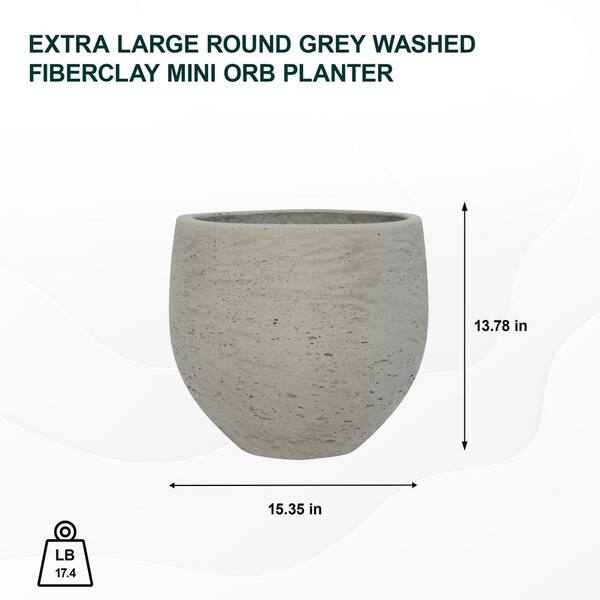 PotteryPots 15.35 in. 13.78 - Extra P3017-35-34 Indoor in. H Large Home Round Depot Outdoor Fiberclay Orb x Planter Washed The Grey Mini W
