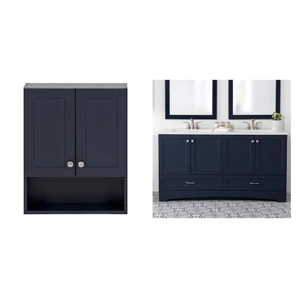 Lancaster Wall Cabinet (21 in. W) and 61 in. Double Sink Vanity with White Marble Top Combo