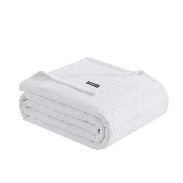 Variegated Weave Stripe White 100% Cotton Full Queen Blanket