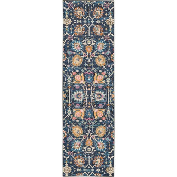 Nourison Passion Navy 2 ft. x 8 ft. Floral Transitional Kitchen Runner Area Rug
