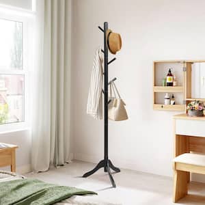 Black Wooden Coat Rack Stand Entryway Hall Tree 2 Adjustable Height with 8 Hooks