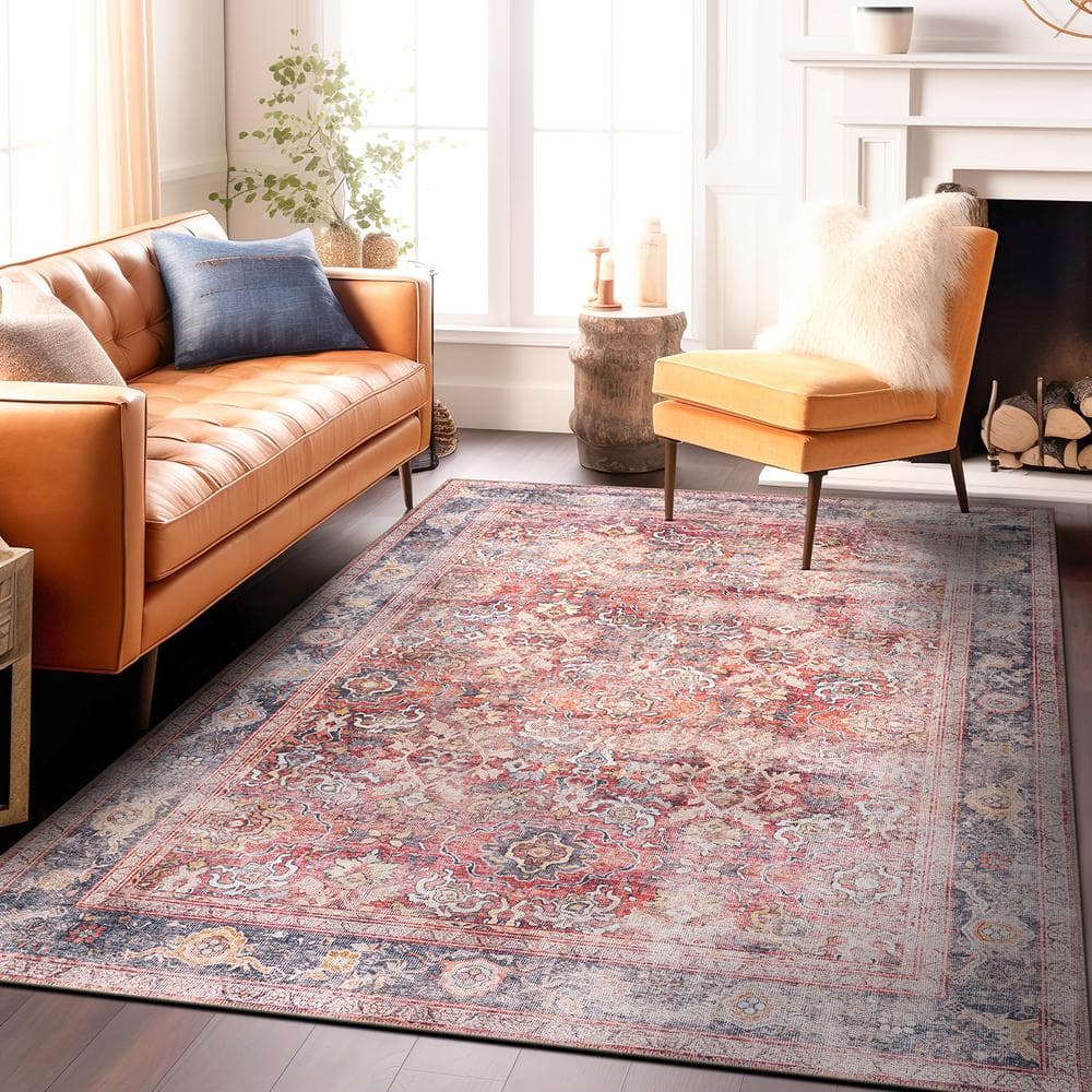 Vintage Red and Blue Synthetic 8' x 10' Washable Area Rug