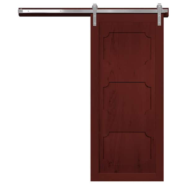 VeryCustom 42 in. x 84 in. The Harlow III Red Wood Sliding Barn Door with Hardware Kit in Stainless Steel