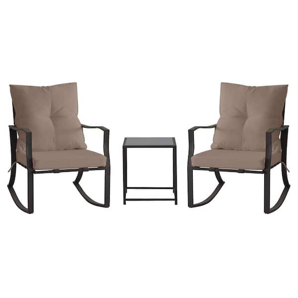 Tenleaf 3-Piece Black Metal Patio Conversation Set with Khaki Brown Cushions with Glass Coffee Table