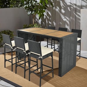 7-Piece Wicker Patio Outdoor Dining Table Set Bar Chairs with Beige Cushion