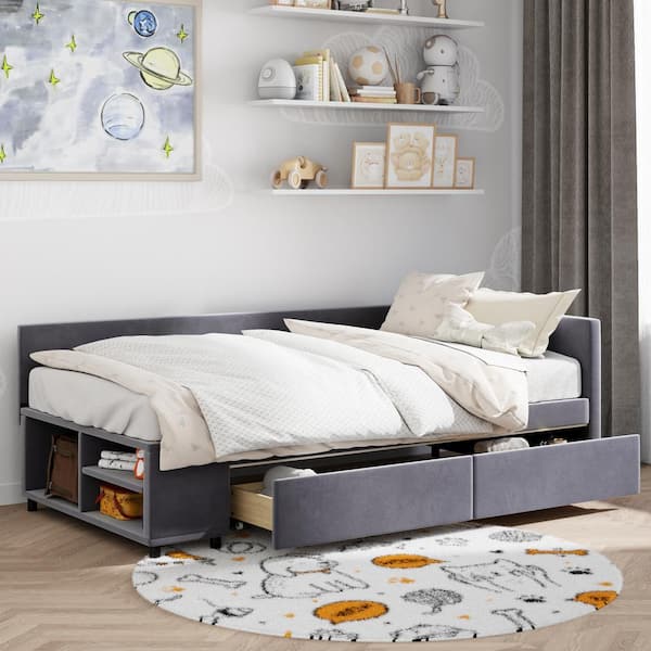 Nestfair Gray Twin Size L-Shaped Upholstered Daybed with 2 Drawers and Built-In Side Storage